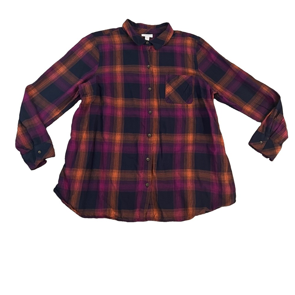 J. Jill Women's Button Up Shirt Large Plaid Black‎ Purple Orange